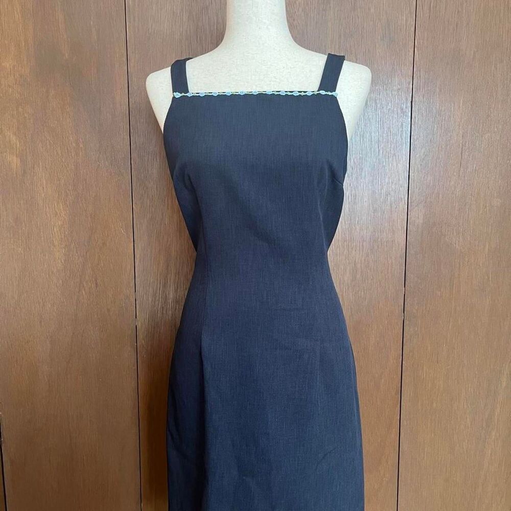 VTG Navy Square Neck Dress Blue Floral Lace Trim